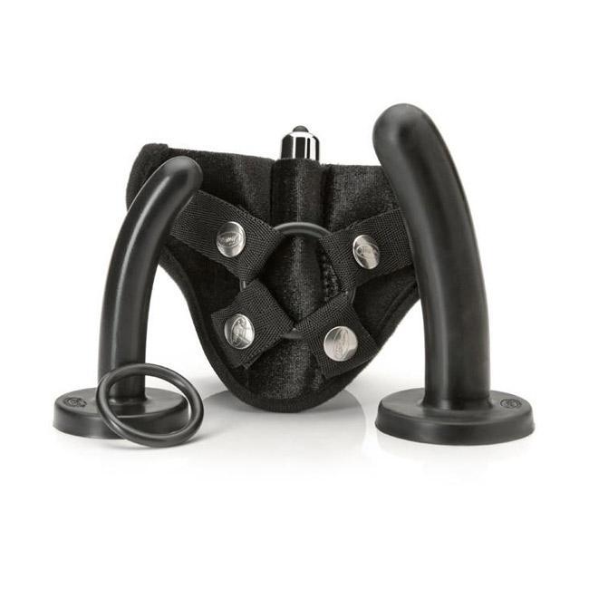 Black silicone harness with two dildos and an O-ring.