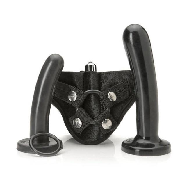 Black silicone strap-on kit with two dildos and adjustable harness.