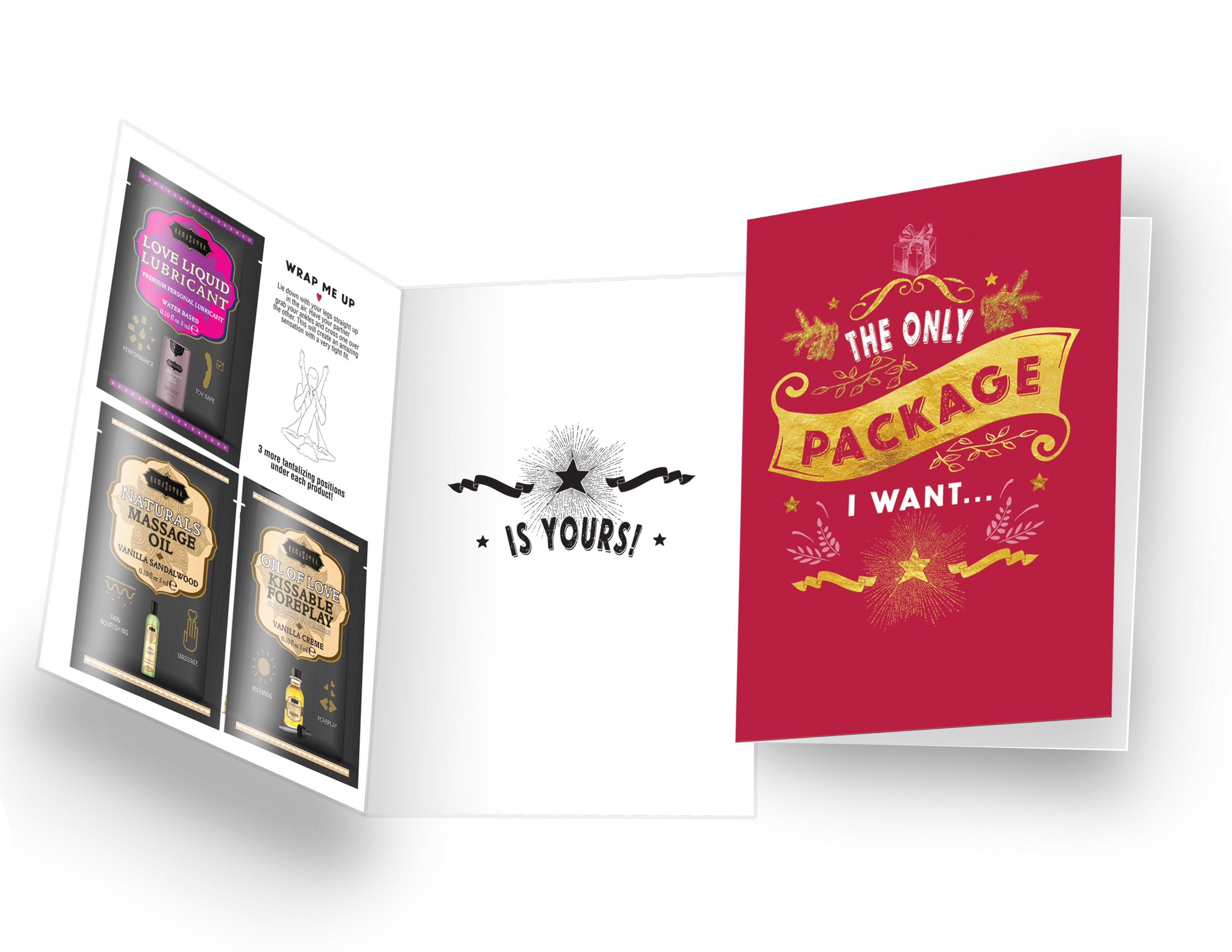 Kama Sutra Naughty Notes Romance Kit with lube and massage oil.