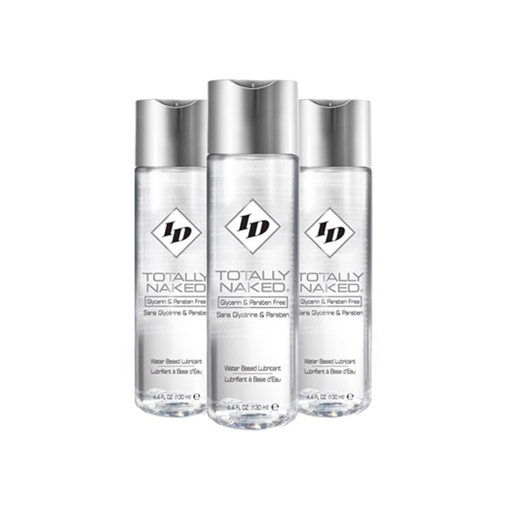 Three bottles of ID Lubricants Totally Naked water-based lube.