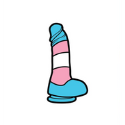 Soft enamel lapel pin of a dildo in trans pride colors: pink, white, and blue.