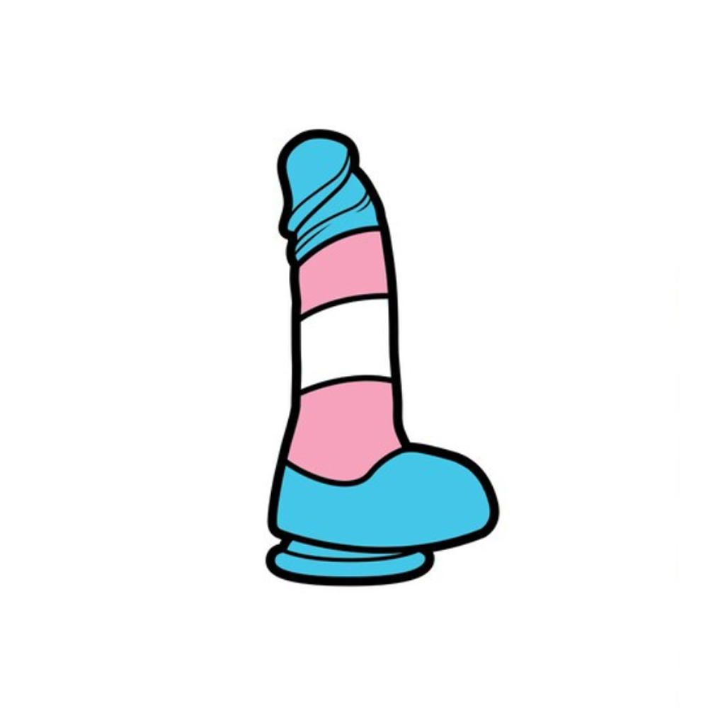 Soft enamel lapel pin of a dildo in trans pride colors: pink, white, and blue.