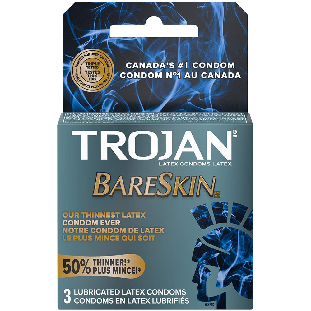 Trojan BareSkin condoms, 3 count, ultra thin, lubricated latex.