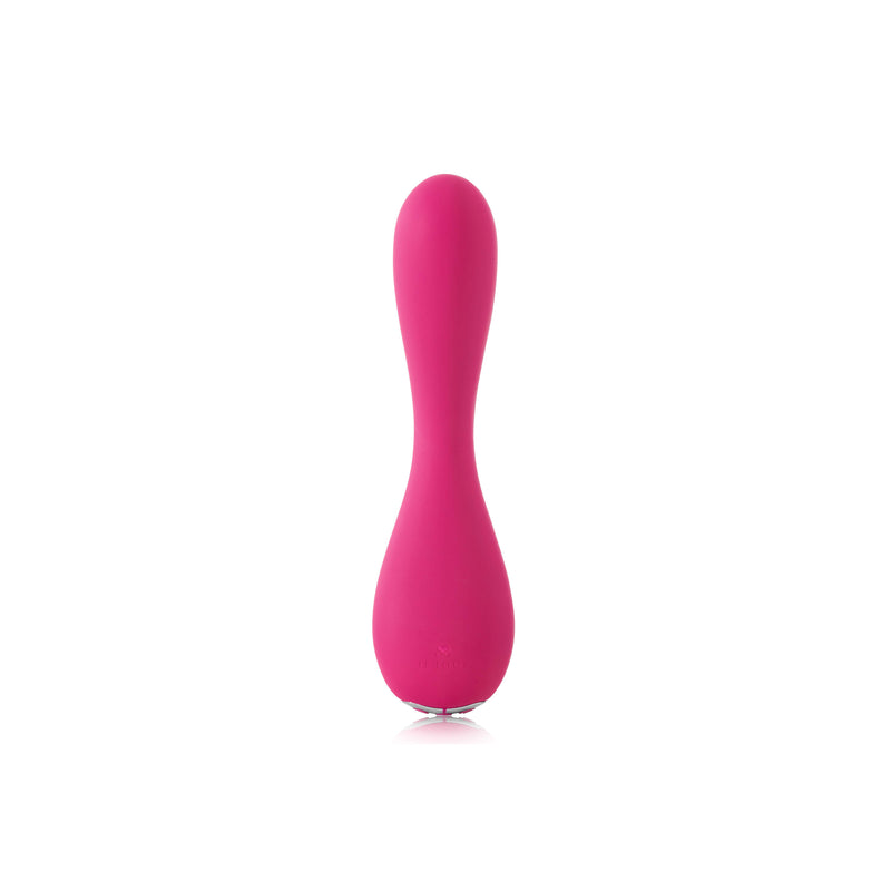 A pink silicone vibrator with a curved, bulbous shape.