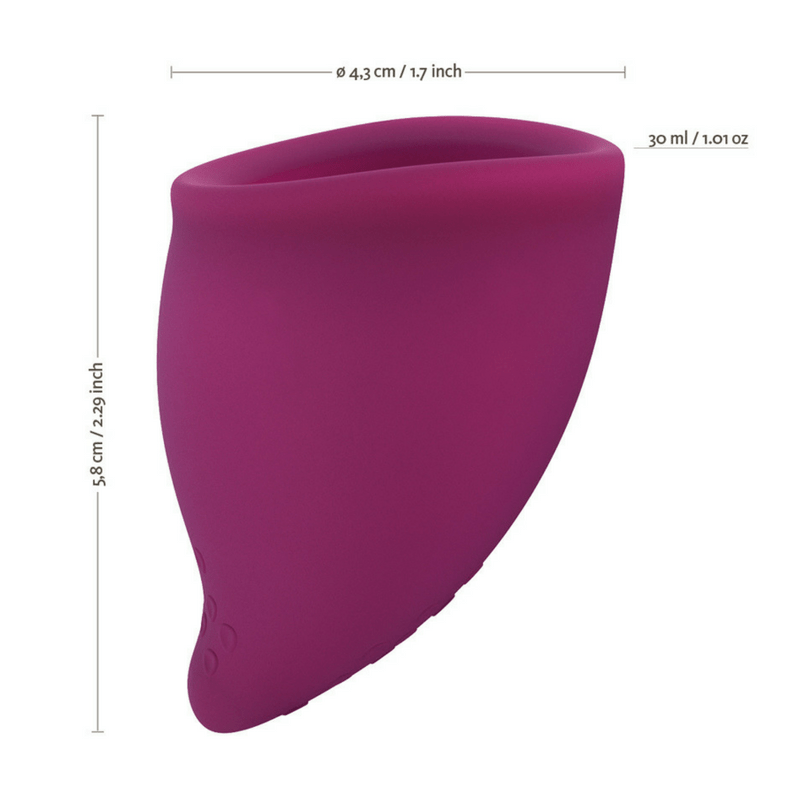 A purple menstrual cup with dimensions and capacity indicated.