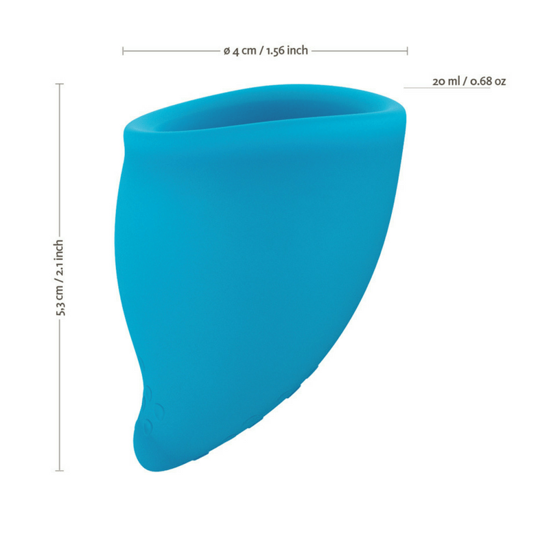 Blue reusable menstrual cup with size and capacity measurements.