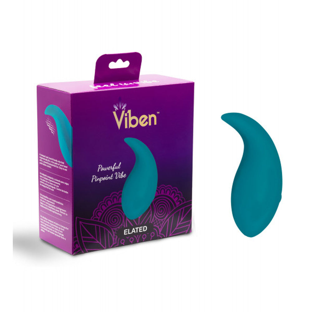 A teal Viben brand pinpoint bullet vibrator is shown next to its purple box.