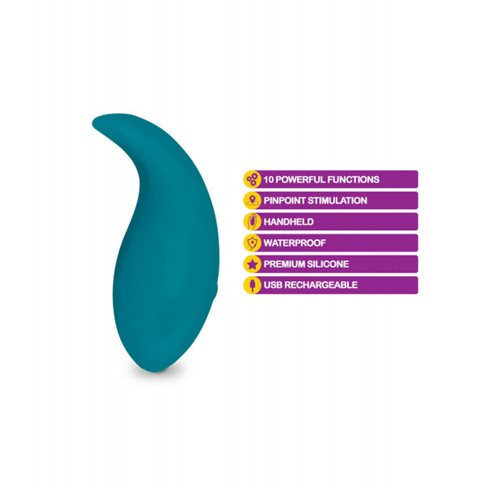 Teal teardrop-shaped waterproof silicone vibrator with 10 functions.