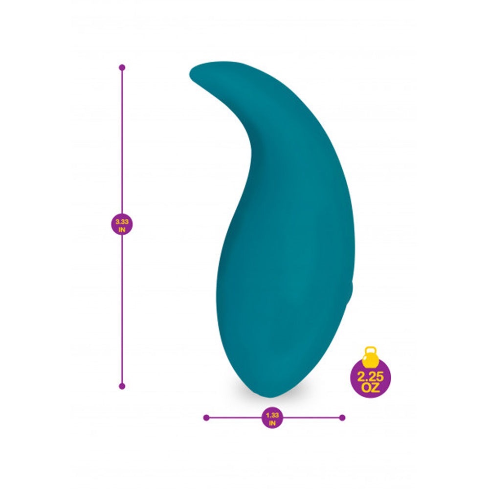Teal silicone pinpoint bullet vibrator with dimensions and weight indicated.