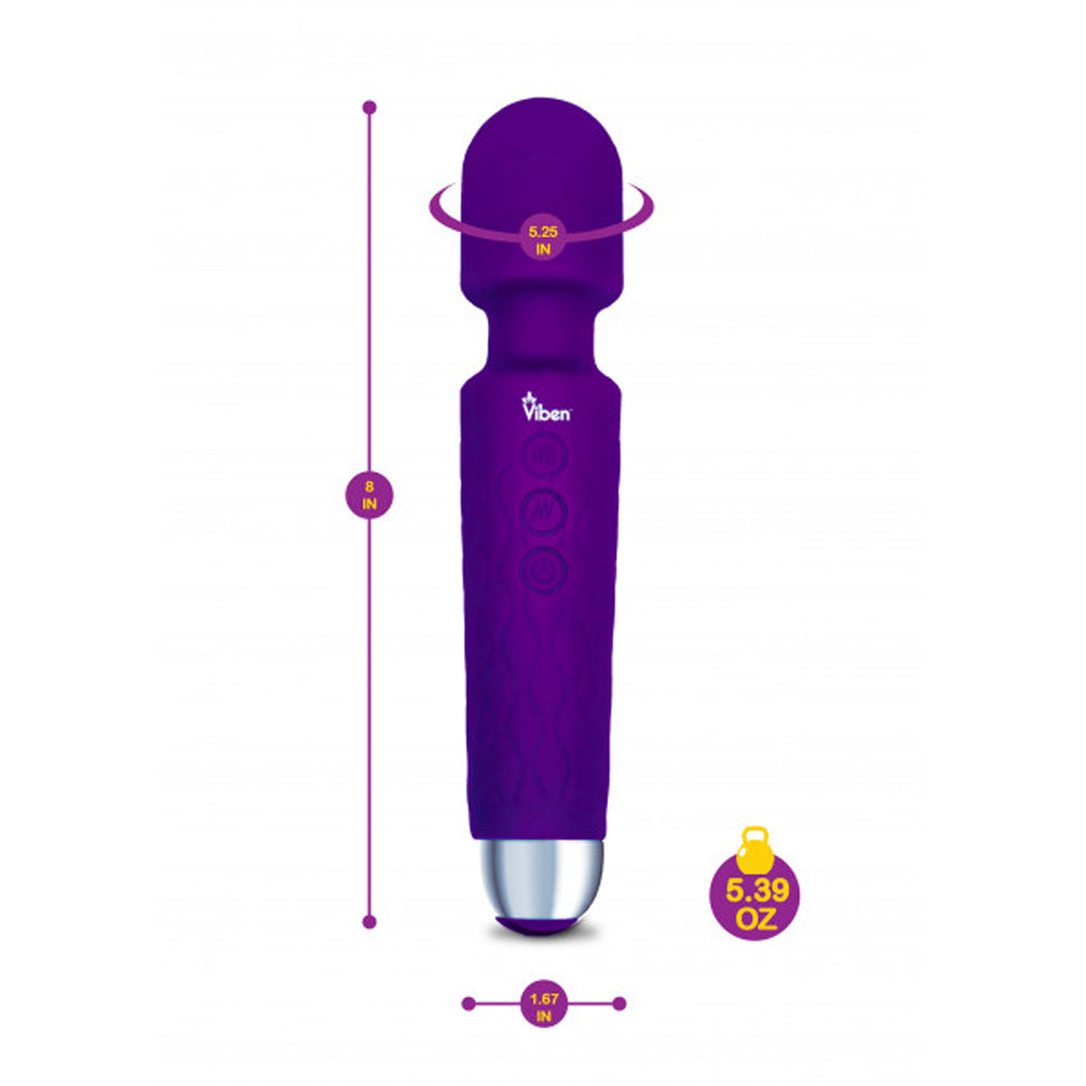 A purple wand massager with dimensions and weight indicated.