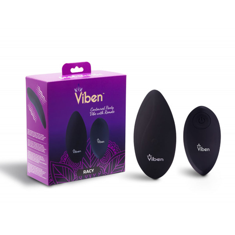 A black Viben Racy remote control panty vibrator and its box.