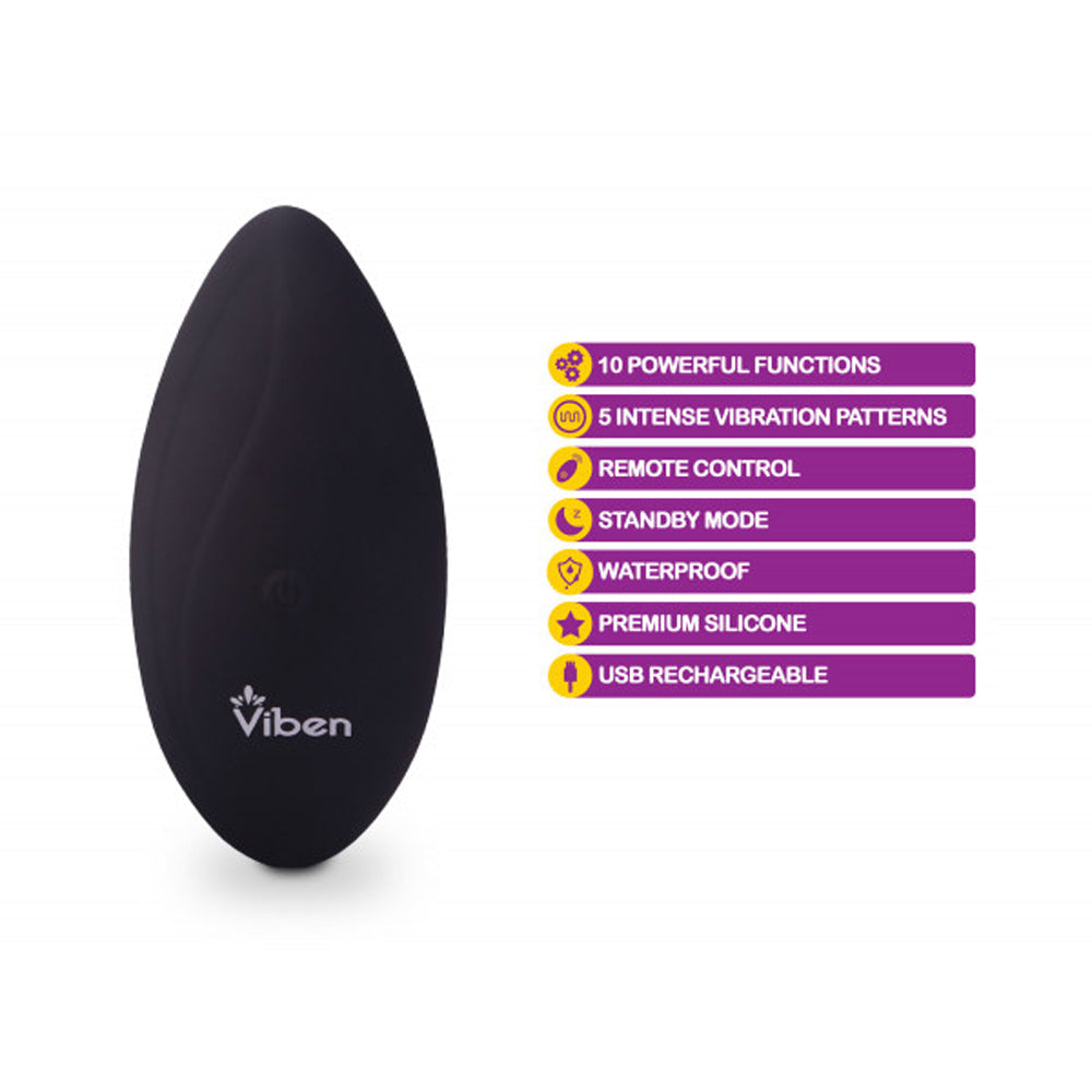 Black remote-controlled silicone vibrator with 10 functions and USB charging.
