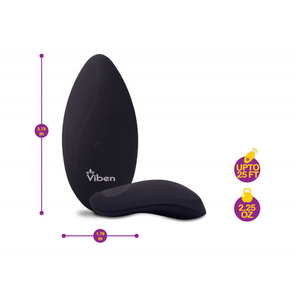A black Viben remote control panty vibrator with dimensions shown.