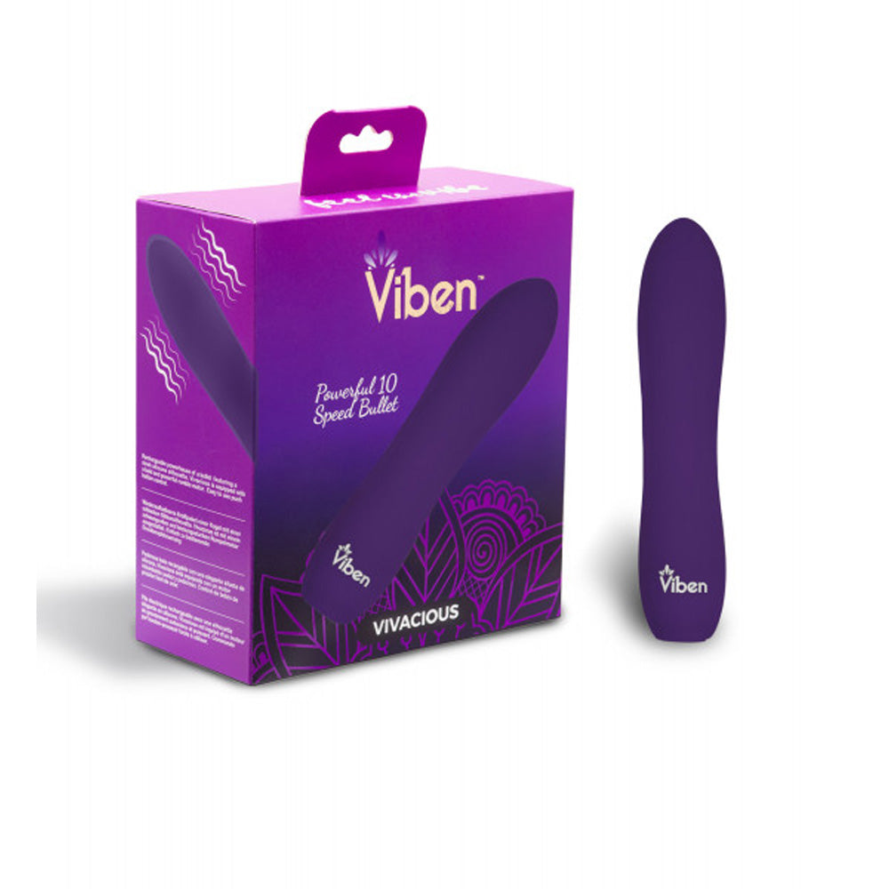 A purple Viben bullet vibrator and its box packaging.