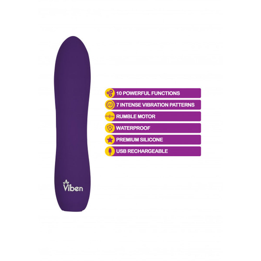 Violet silicone vibrator with 10 functions and 7 vibration patterns.