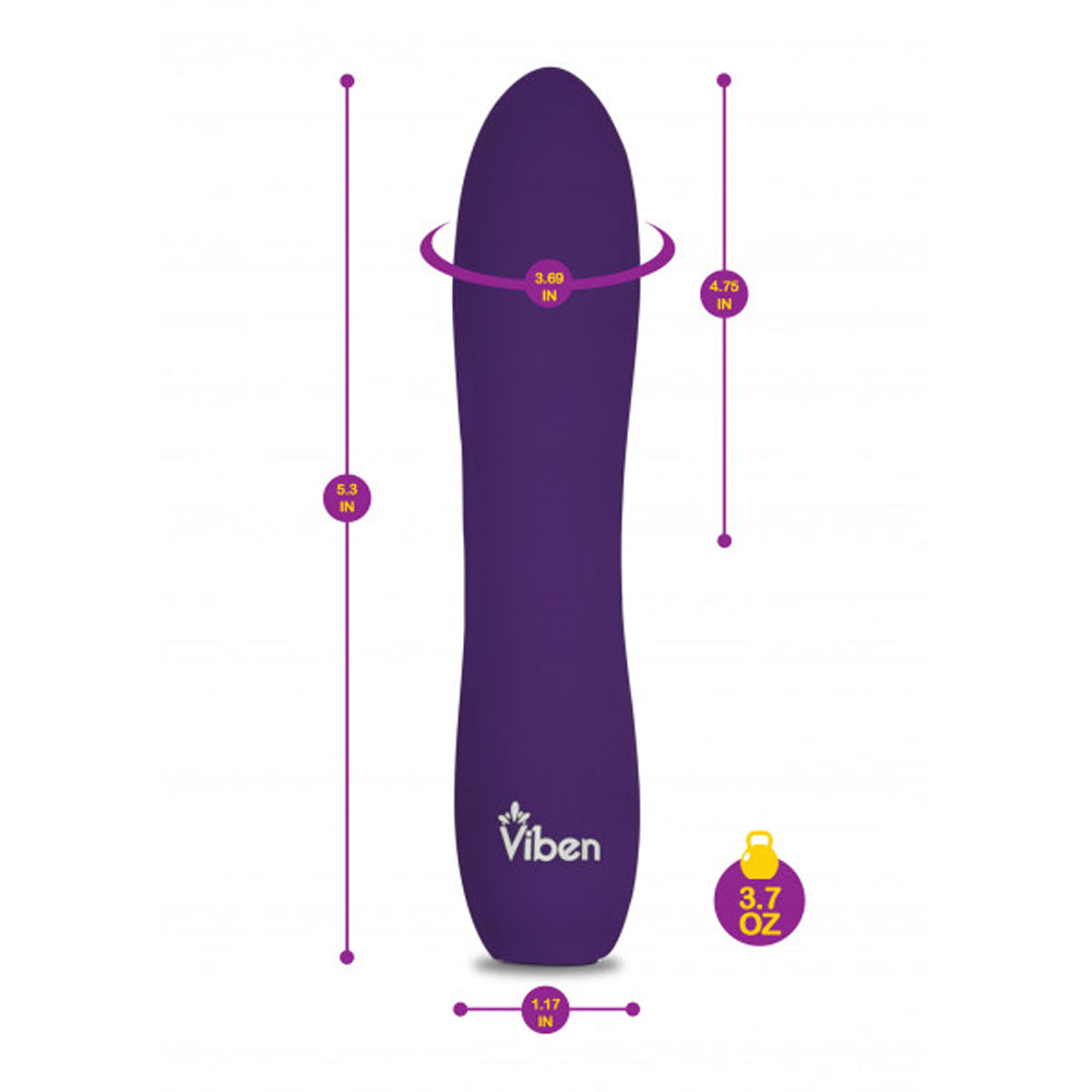 A violet silicone vibrator with dimensions and weight indicated.