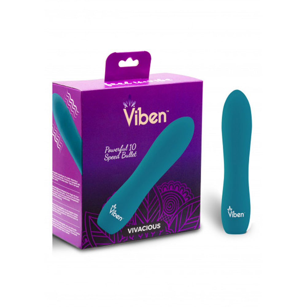 A teal bullet vibrator with 10 functions and the Viben logo.