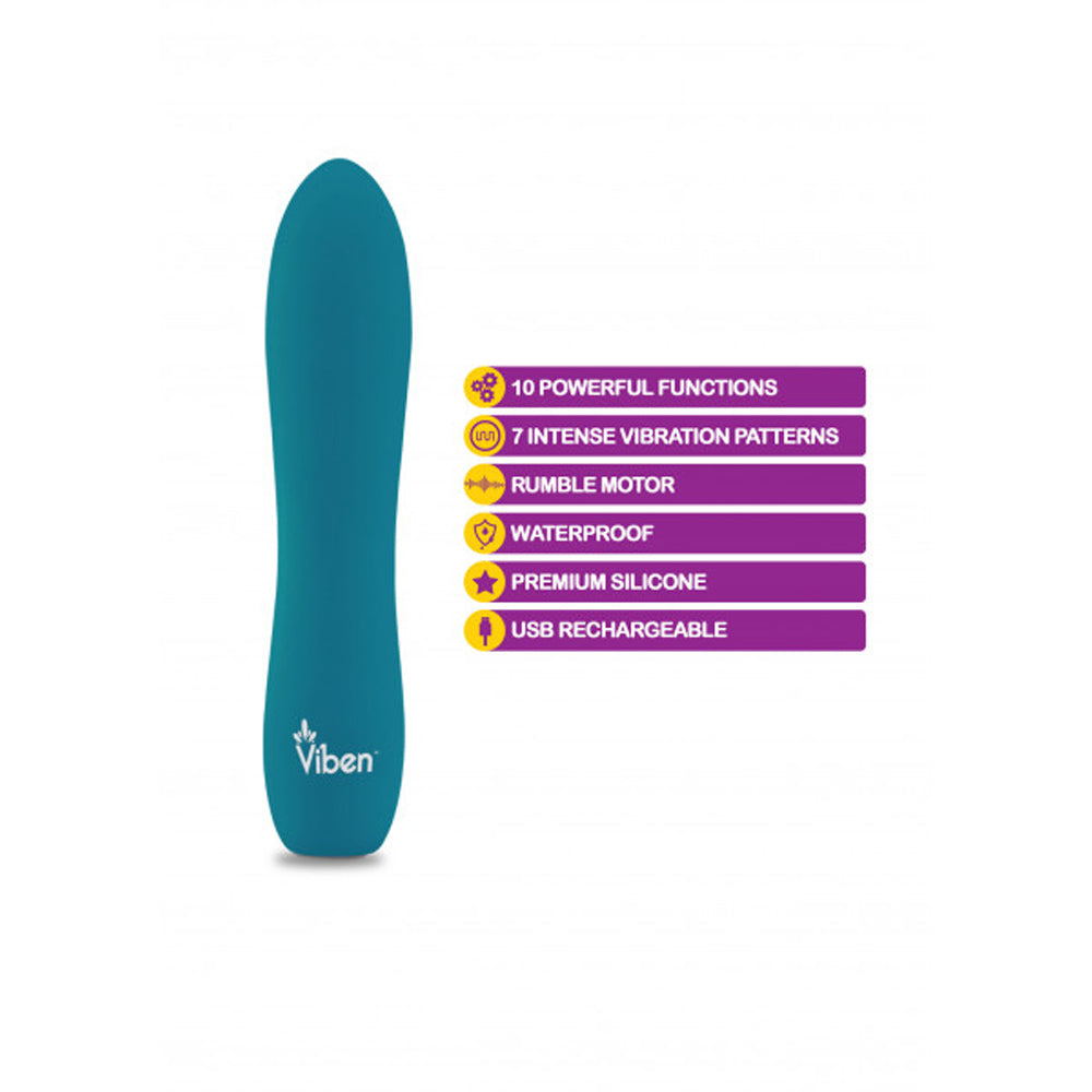 A teal bullet vibrator with features listed including 10 functions and USB rechargeable.