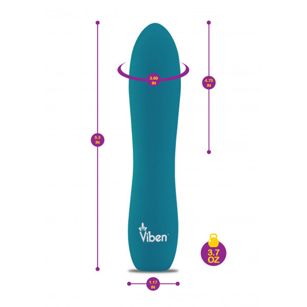 Teal silicone bullet vibrator with dimensions and weight indicated.