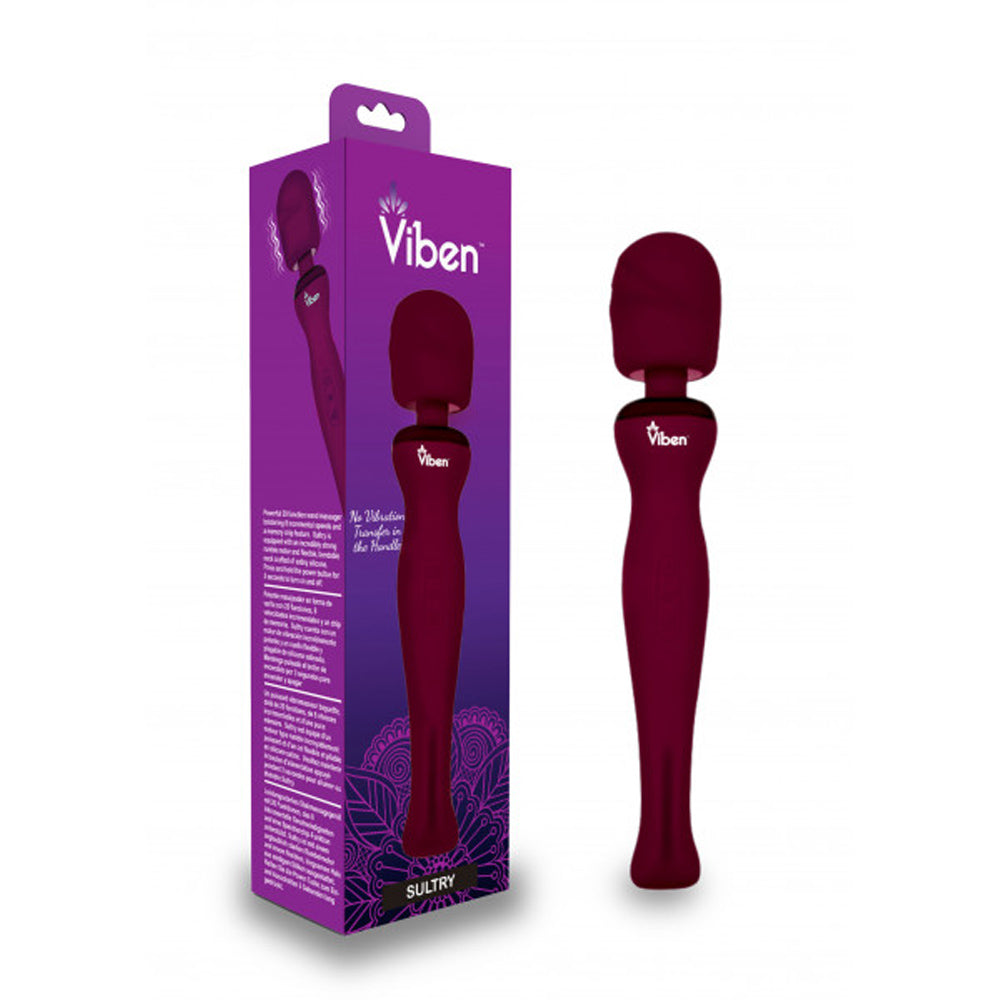 A ruby red Viben wand massager with a box.