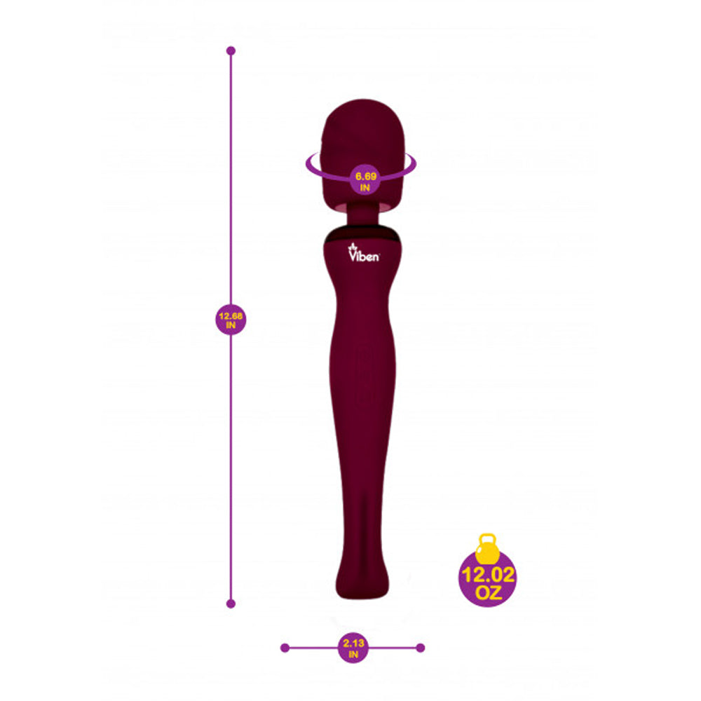 A ruby red Viben wand massager with dimensions and weight indicated.
