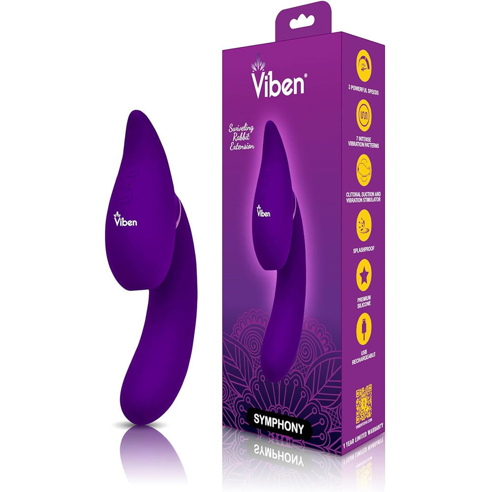 Purple Viben Symphony rabbit vibrator with clitoral suction and extension.