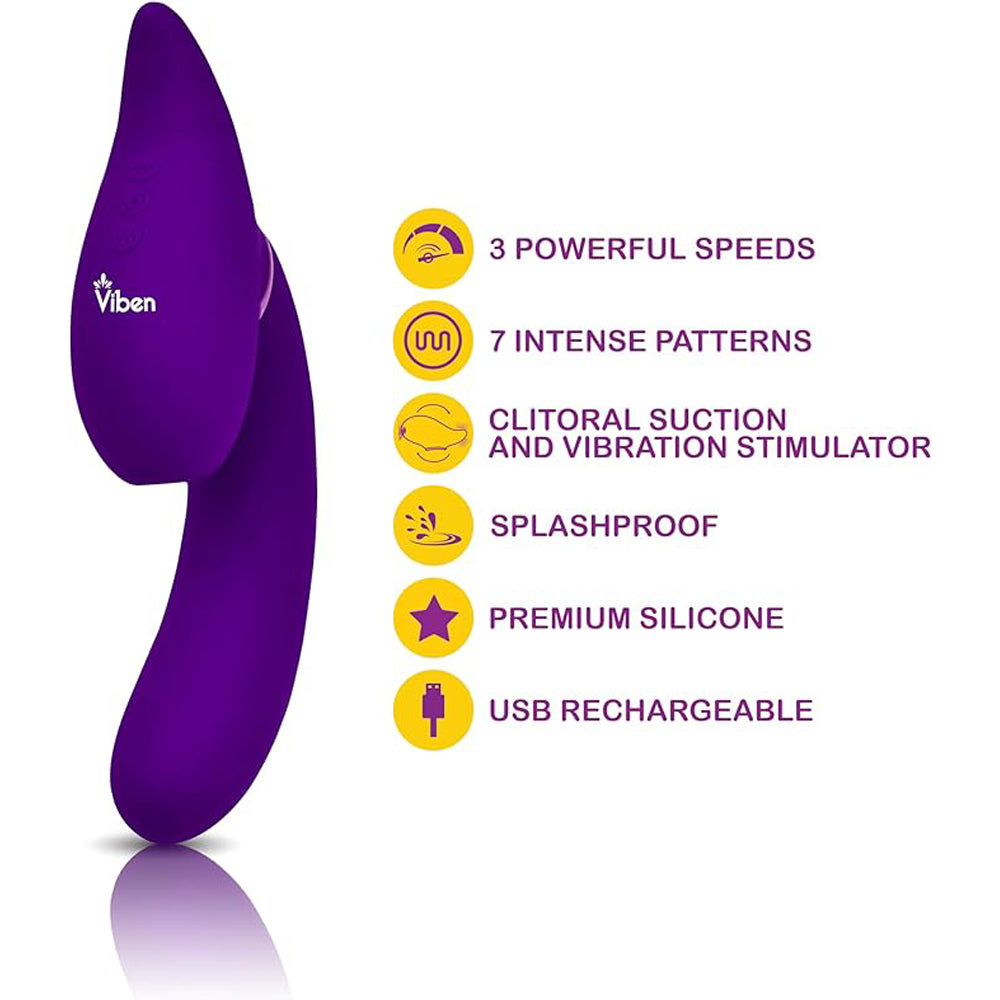 Purple rabbit vibrator with clitoral suction, 3 speeds, 7 patterns, splashproof, and USB rechargeable.