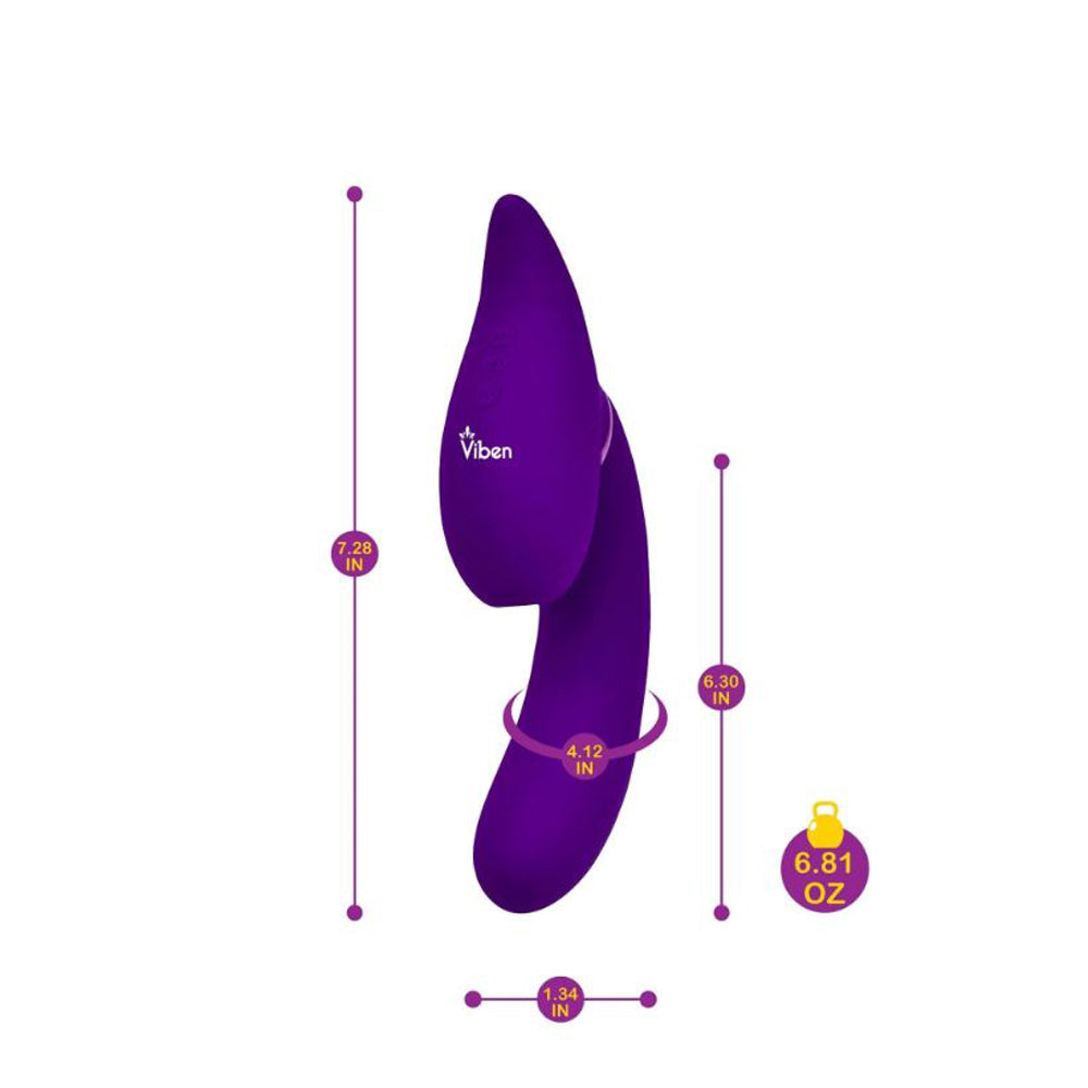 A purple triple motor rabbit vibrator with clitoral suction and dimensions indicated.