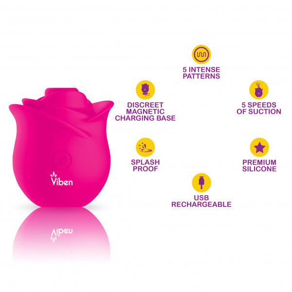 A pink rose-shaped silicone suction stimulator with Viben Toys branding.