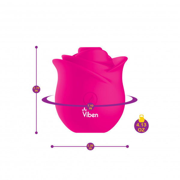 A pink rose-shaped vibrator with dimensions and weight indicated.