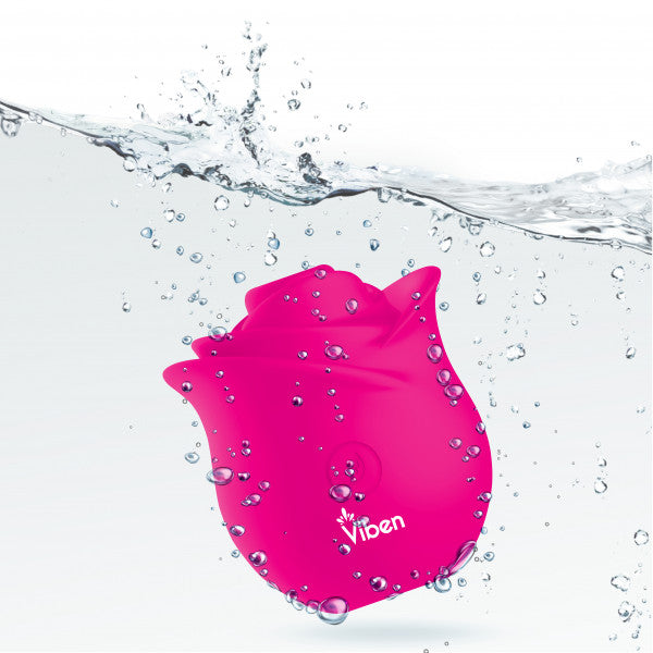 A pink rose-shaped vibrator with water droplets and the Viben logo.