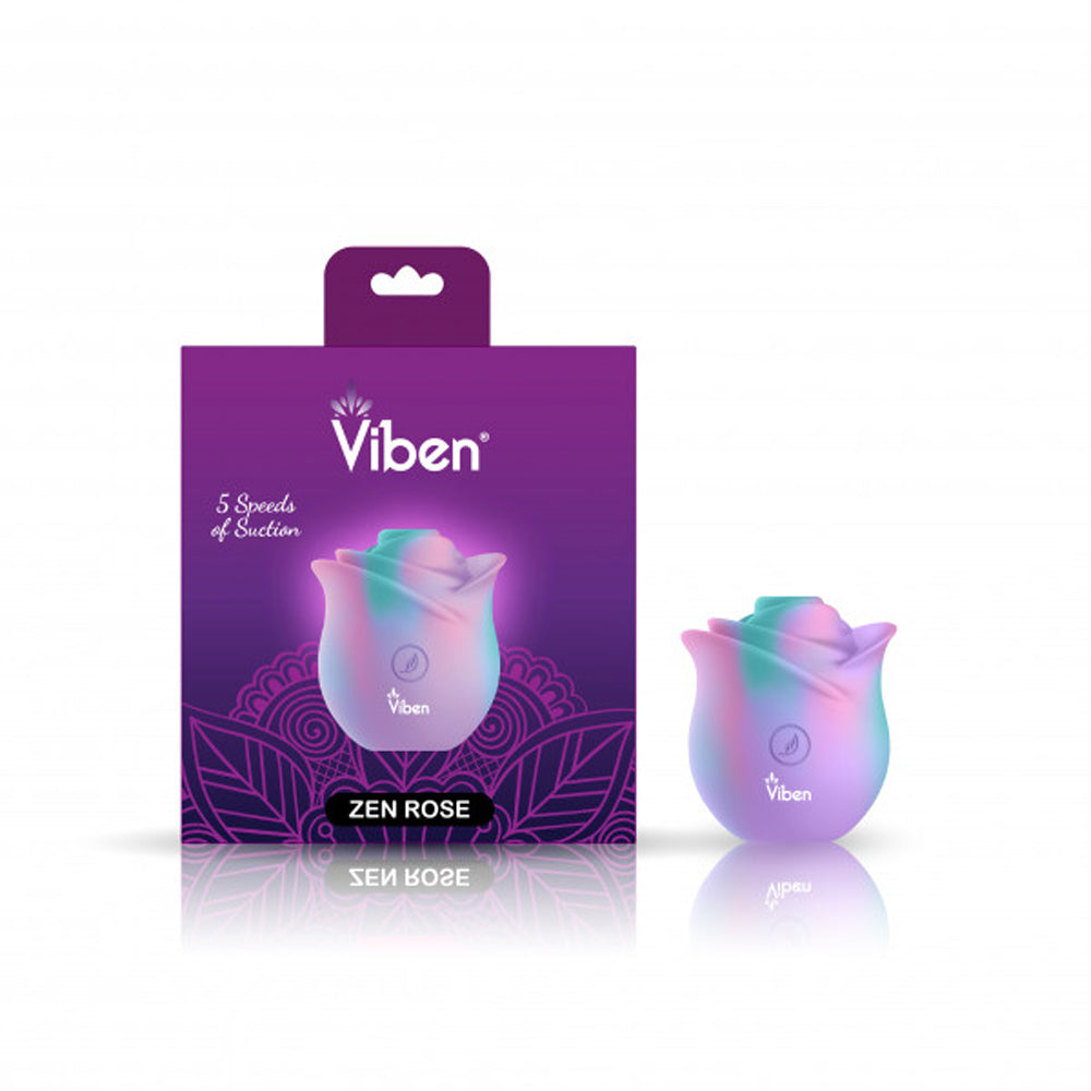 A rose-shaped Viben suction stimulator in pastel colors with "Viben" and "ZEN ROSE" text.