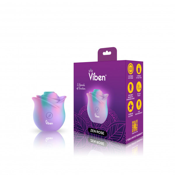 A rose-shaped silicone suction stimulator in pastel colors with its box.