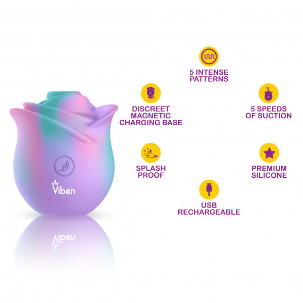 Unicorn Rose suction stimulator in pastel colors with feature icons.