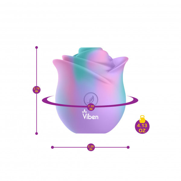 A rose-shaped silicone stimulator in pastel colors with dimensions and weight indicated.