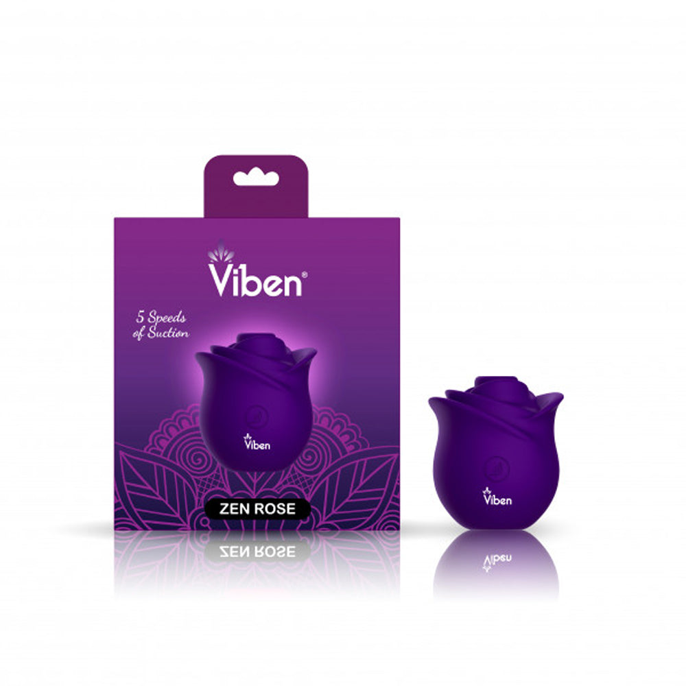 A purple rose-shaped suction stimulator by Viben Toys next to its matching purple packaging.