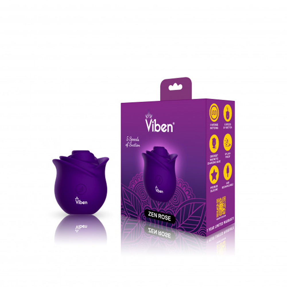 Zen Rose purple silicone suction stimulator with its matching purple and gold packaging.