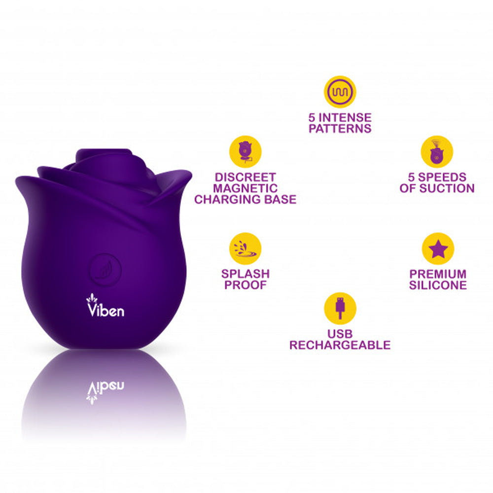 Purple rose-shaped suction stimulator with icons highlighting its features and charging base.