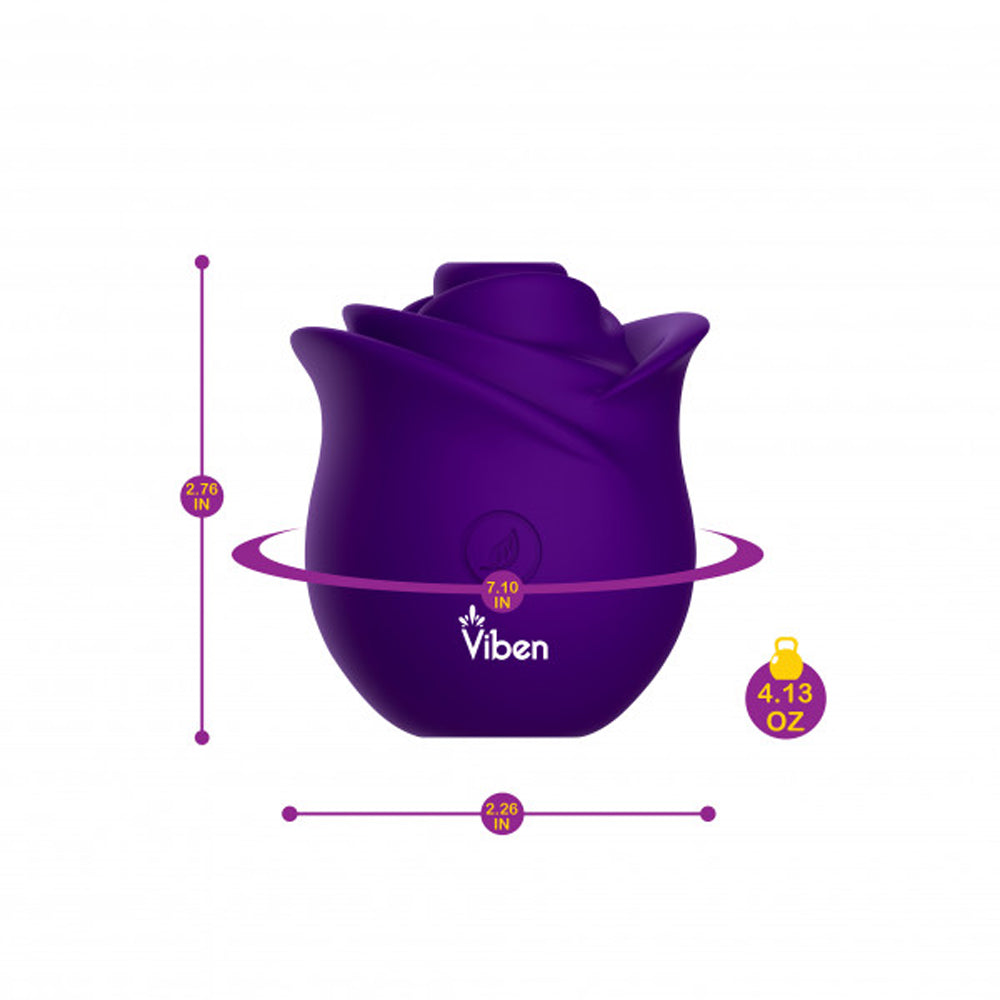 Purple rose-shaped suction stimulator with dimensions and weight shown in a diagram.