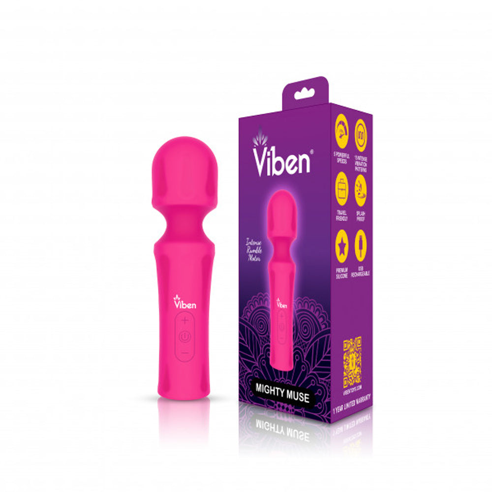 Pink Viben wand massager with box showing features.