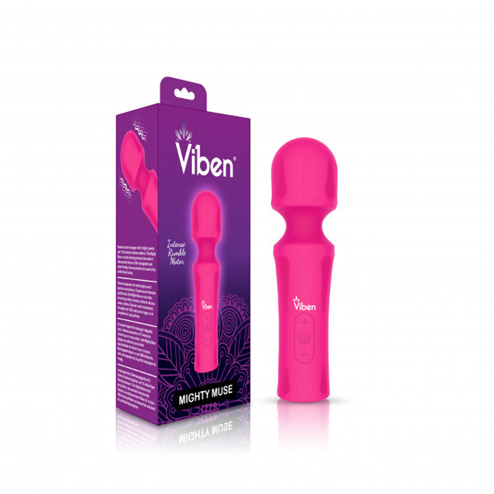 A pink Viben wand massager with a box that says "Mighty Muse".