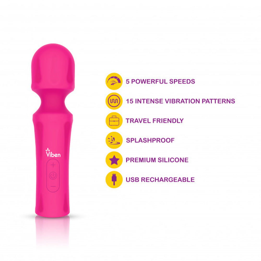 Pink wand massager with text listing features like 5 speeds and 15 patterns.