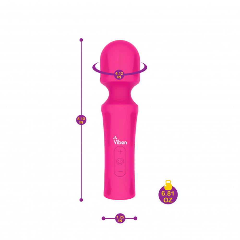 Pink Viben wand massager with dimensions and weight indicated.
