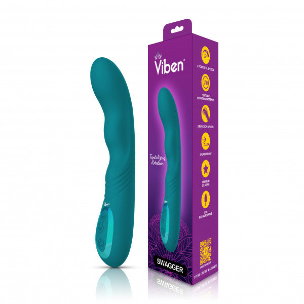 A teal rotating G-spot vibrator with wriggling action and a purple box.
