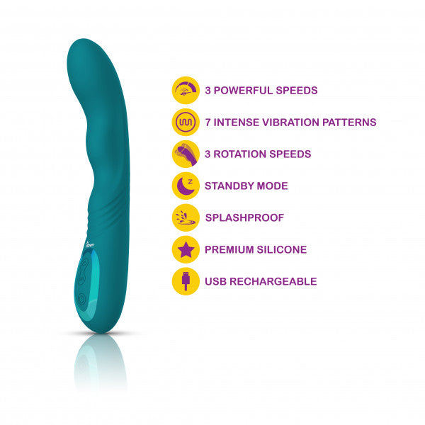Ocean-colored vibrator with 3 speeds, 7 vibration patterns, 3 rotation speeds, and USB charging.