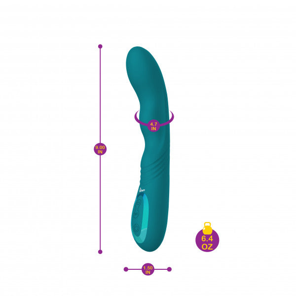 A teal rotating G-spot vibrator with wriggling action, measuring 9 inches long.