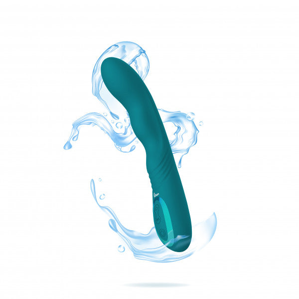 Teal rotating G-spot vibrator with wriggling action and water splashes.