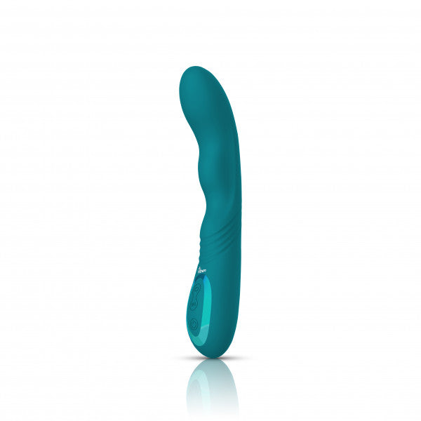 A teal vibrator with a curved shape and control buttons.