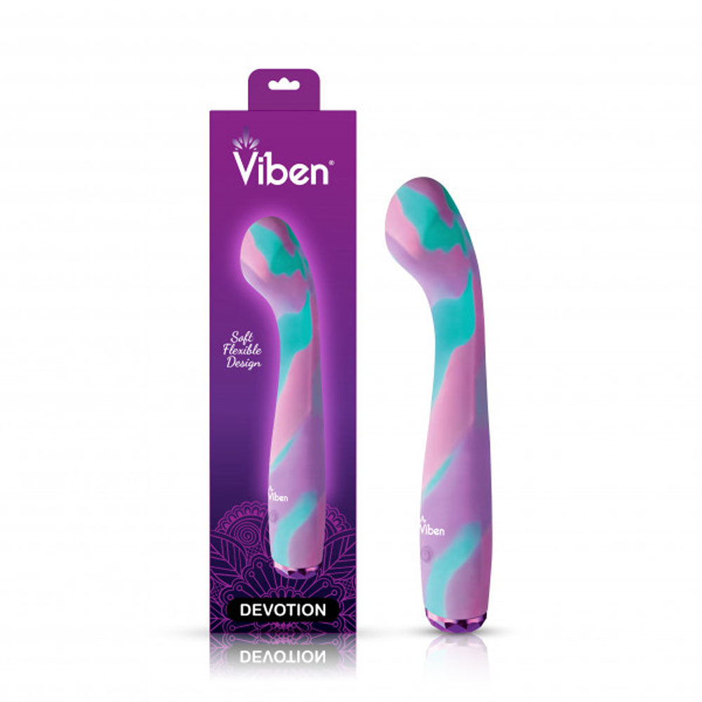 A purple and teal marbled silicone vibrator with the brand name Viben.