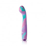 A purple, pink, and teal marbled silicone G-spot massager with a curved head.